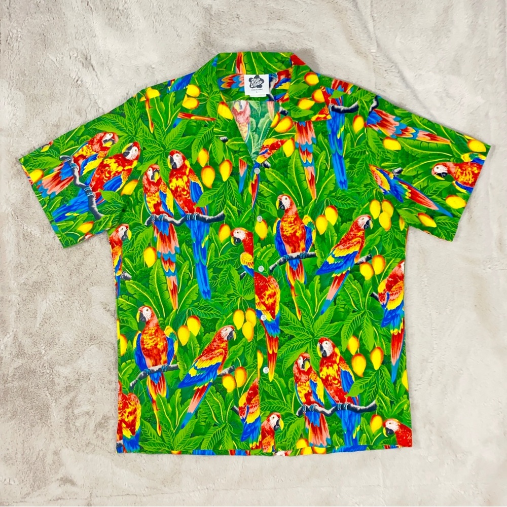 Vintage 80s HILO HATTIE Men Hawaiian Shirt Sz L Button Down Short Sleeve Green